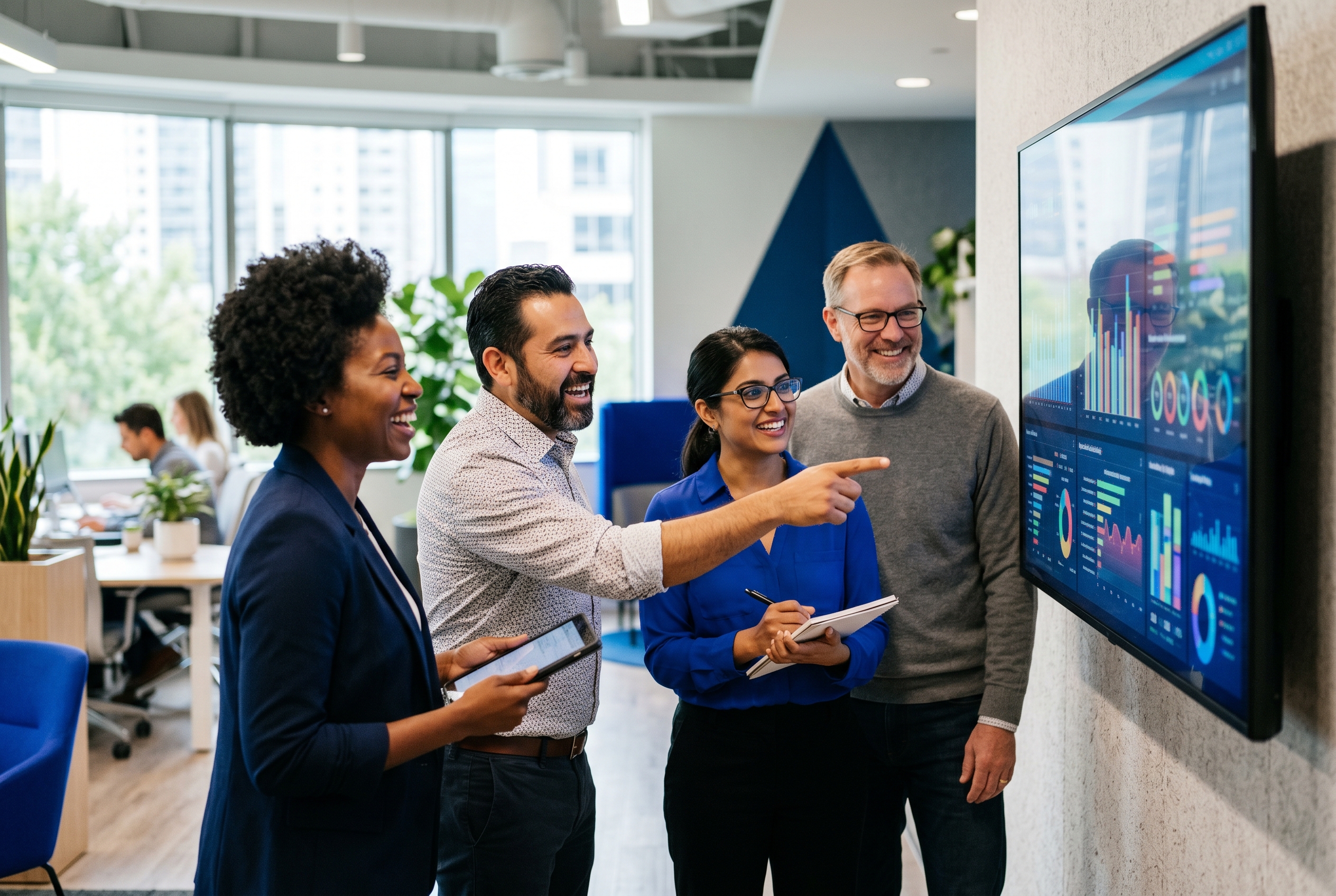 Team discussing survey results at the dashboard